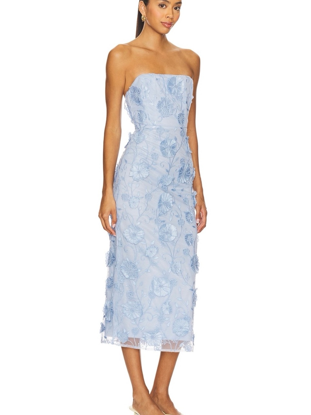 Lovers + Friends Blume Powder Blue Strapless 3D Floral Midi Dress